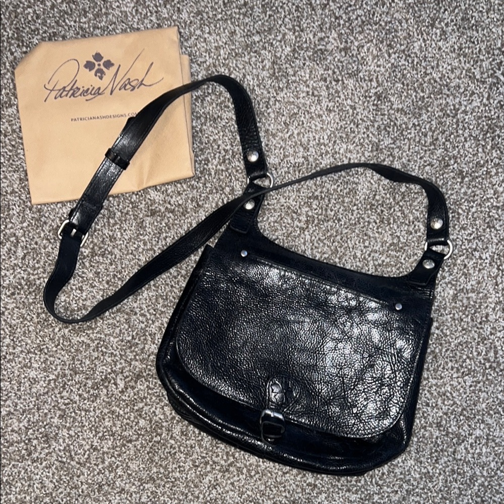 Patricia Nash Black Saddle Bag with Embossed Leather London Model